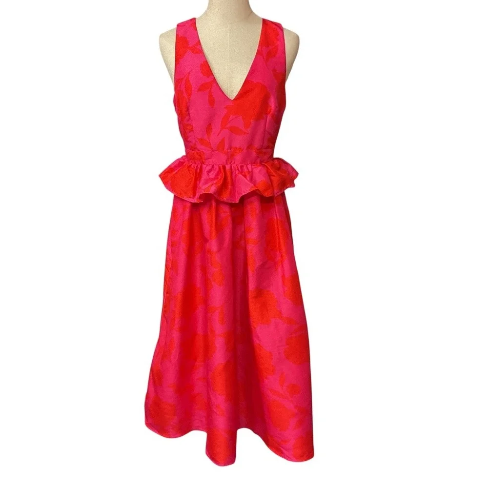 Kate Spade Target Red Pink Classic Floral Sleeveless Peplum‎ Midi Dress Sz 6 NWT